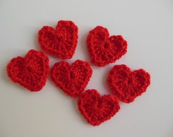 Red Crocheted Hearts - Acrylic - Crocheted Appliques - Crocheted Embellishments - Set of 6