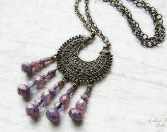 AMETHYST MOON .:. Bohemian Moon Vintage Brass necklace with picasso czech glass, ornate filigree crescent moon, long chain, purple, boho