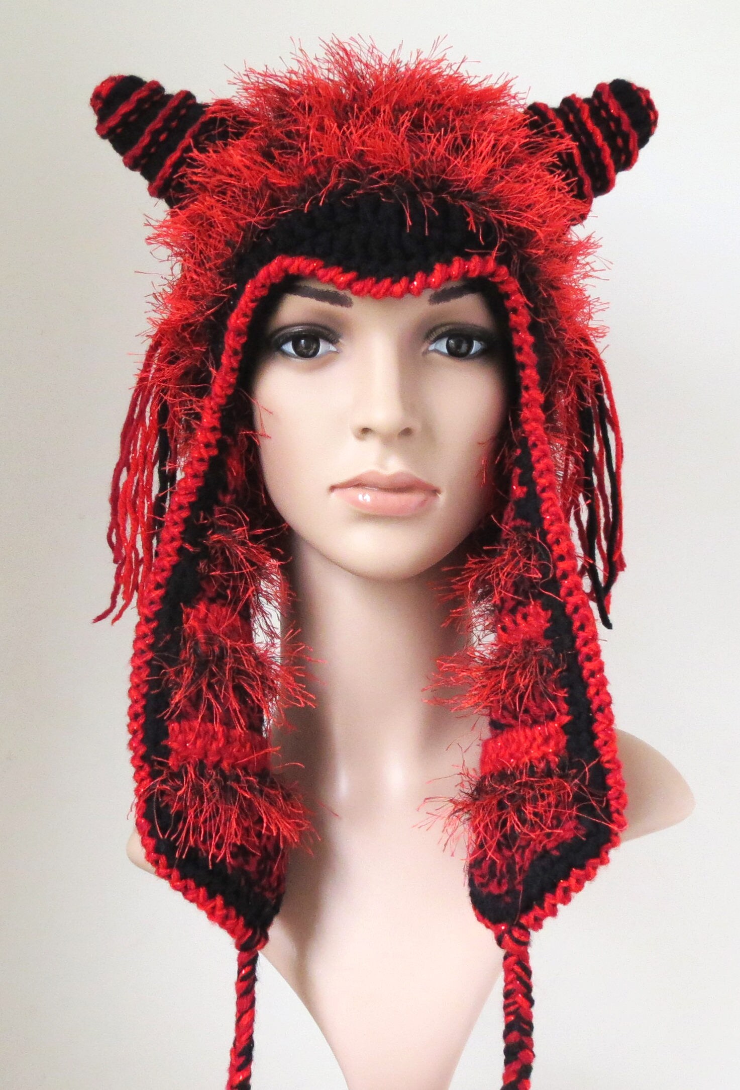 Adult Animal Earflap Hat with Horns Red and Black Fuzzy Faux