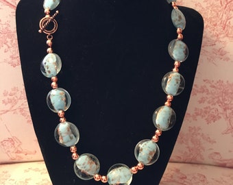 Aqua and copper glass bead necklace