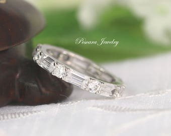 2.8ctw 3mm Eternity Wedding Band - Baguette & Round Ring - Sterling Silver Band - Stacking Ring - Anniversary Band - Wide Band