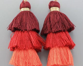 Red Ombre Layered Thread Tassel Earrings