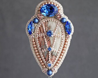 Bead embroidery pendant, pink and blue necklace "Amphora" with Jasper and Swarovski crystals