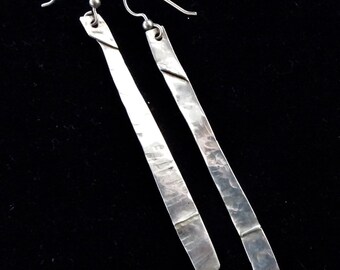 Silver Hammered Long Dangle Earrings - Fold Form Sterling Silver