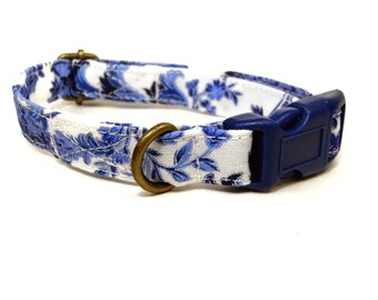 The Royals - White Blue Vintage Floral Shabby Chic Girl Organic Cotton CAT Collar - All Antique Metal Hardware
