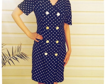 1980s Navy Polka Dot Dress