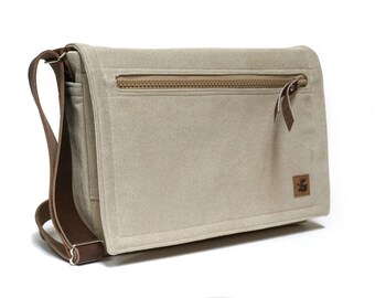Ultimate Stash laptop messenger bag - light beige with leather strap