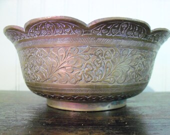 Vintage Solid Brass Bowl Etched India Heavy Intricate Jar Display