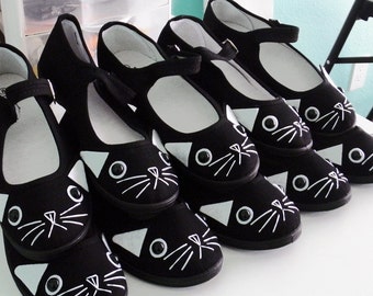 Cat Shoes - Embroidered Kitty Flats Mary Janes - SIZE 10