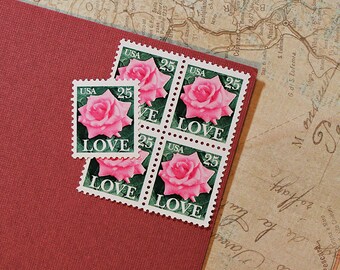Ten 25c Pink Rose Love .. Vintage Unused US Postage Stamps .. Wedding Postage, Valentine's Day, Nature, Flowers