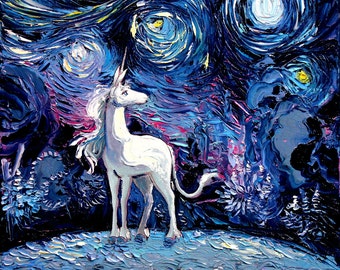 Last Unicorn Art - Starry Night Giclee print van Gogh Never Saw The Last by Aja 8x8, 10x10, 12x12, 20x20, and 24x24 inches choose your size