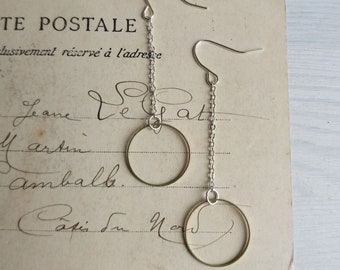 Modern Hoop Earrings on Chains - brass hoops on silver chain - minimalist jewellery - nickel free