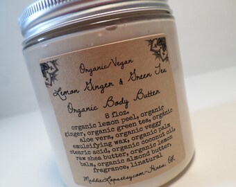 FREE SHIPPING-Organic/Vegan Lemon Ginger & Green Tea Organic Body Butter-Organic Body Butter- Vegan Body Butter-8oz.