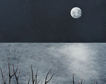 The Night of the Huge Moon at Covehithe - Winter Landscape 8x8 Art Print - Seascape, Coastal, Suffolk - by Natasha Newton