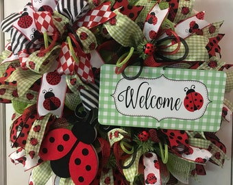 Ladybug Welcome Wreath, Spring Wreath, Spring Wreaths, Deco Mesh Wreath, Deco Mesh Wreaths, Door Wreath, Summer Wreath, Deco Mesh reef