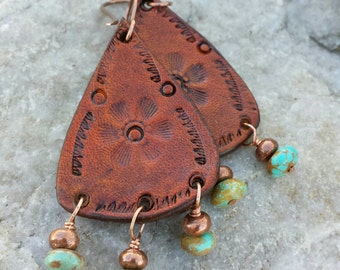 Cowgirl Jewelry - Leather Teardrop Earrings - Copper -Hand Stamped - Flower - Turquoise Dangle - Western Jewelry by Heart of a Cowgirl