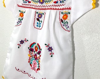 Mexican Baby Dress Embroidered White Fiesta Flower Girl Dress - Size 5