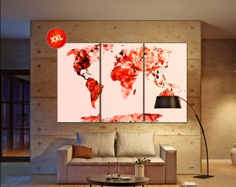 Red World Map print on canvas wall art Red World Map Art Print artwork large world map Print home office decoration
