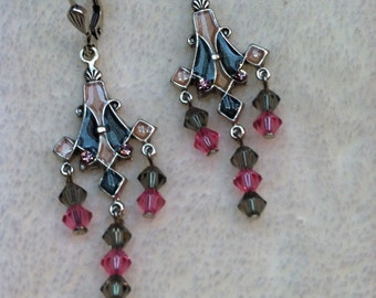 Vintage Catherine Popesco La Vie Parisienne Old Silver Harlequin Enamel with Swarovski Crystal Fringe Earrings