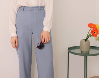 Brume Trousers -greyish blue straight-cut cotton trousers