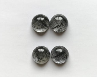 11mm pair rutilated quartz round shape cabochons. Same height matched pairs. Tourmaline quartz /black rutile