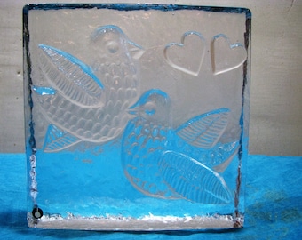 Glasskulptur Pukeberg Glasbruk Sweden – 60er Jahre – m. Label – 2 Vögel & 2 Herzen – signiert SAK – Vintage Glas Skandinavien Paperweight