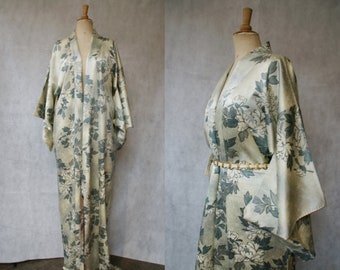 Sage Green Crystanthemum Japanese Silk Kimono