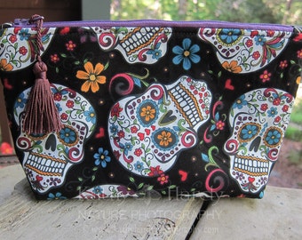 Zippered Pouch | Makeup Bag | Lined Zipper Bag | Cute Skull Print Fabric | Sugar Skulls Bag | Small Gift Under 20 | Camera Accessory Bag