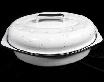 Vintage White Enamel Pot - Roasting Pot, Retro Enamel Pan, White Enamel Dutch Oven, Mid Century Enamel Pan, White Speckled Enamel Pan