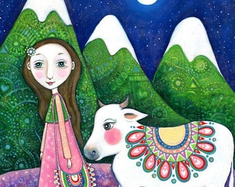Girl and Cow Art Print Children's Wall Art Girls Room Decor Sacred Cow Art Animal Art Whimsical Folk Art Children's Wall Decor - 'Nandi'