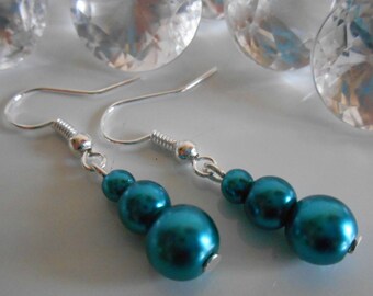 Wedding trio of blue Peacock pearls earrings