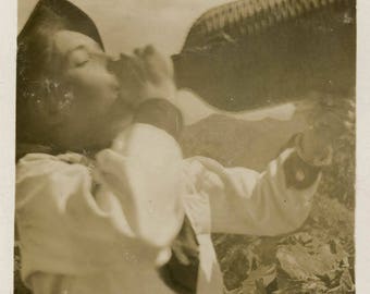 vintage photo 1911 Young Woman Drinks on Mountain Top snapshot