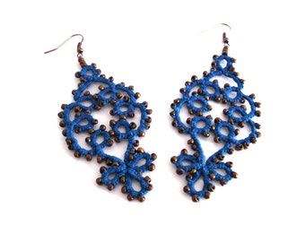 Boho blue lace earrings/ tatted earrings/ beaded earrings/ lace jewelry/ lace earrings/ blue earrings