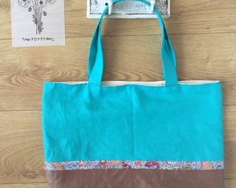 Two-tone natural linen tote bag