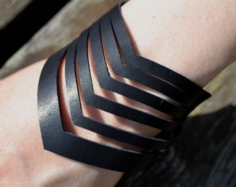 Chevron Leather Bracelet, Black Leather Bracelet, thick surplus leather bracelet