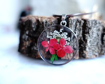 Floral botanical pendant with real pressed flower