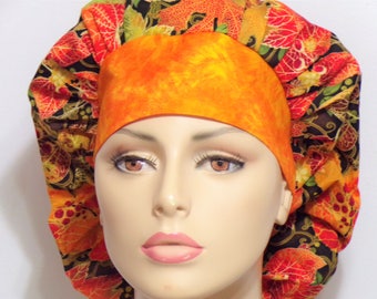 Fall Leaves Scrub Hat All Over with a muted Orange Headband -Bouffant Scrub Hat-Scrub Caps-Autumn Fall-Womens Scrub Hat-SilverCaps