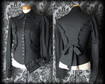 Gothic Black Very Fitted CRUEL GOVERNESS Frilled Tie Corset Blouse 4 6 Victorian
