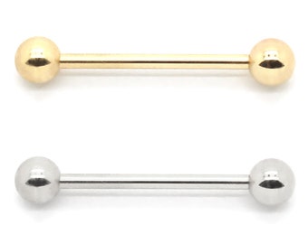 14K Yellow or White Gold Straight Barbell with Screw Balls – Sizes 12G-20G