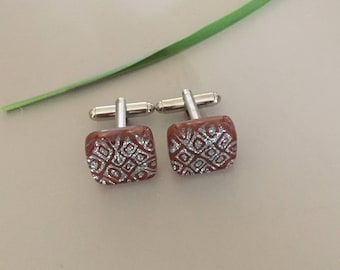 Cuff Links with Handmade Brown Silver Color Fused Dichroic Glass Bead FREE Shipping