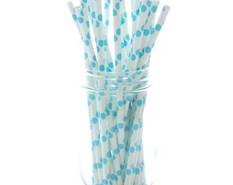 Blue Baby Shower Straws, Light Blue Paper Straws, Kids Party Straws, 25 Pack - Light Blue Polka Dot Straws