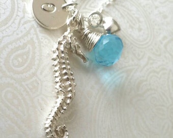 Personalized Seahorse Necklace with Initial in Sterling Silver