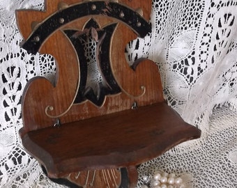 Antique wood, time worn, folding shelf, dark wood with black, art deco style, 1940s vintage