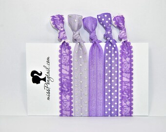 Elastic Hair Ties, Purple Lace, Silver Dots, Handmade, Elastic Ribbon, Ponytail Holder, Knotted Hair Ties, Bracelet Hair Ties, Girl Gifts