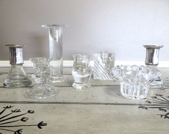 Crystal Candlestick Holders Candle Holders Glass Candlestick Sterling Overlay Crystal Set Wedding Decor Shabby Chic Wedding Glass and Silver