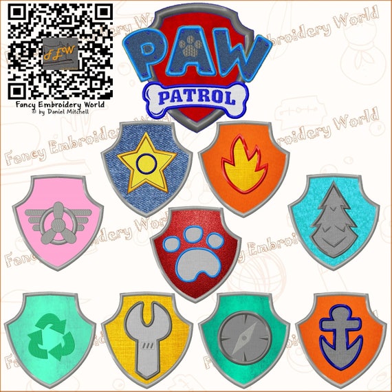 SET OF 10 PAW Patrol Badges applique embroidery design