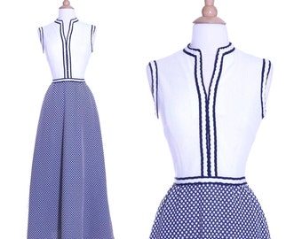 70s polka dot striped maxi dress - xs or small