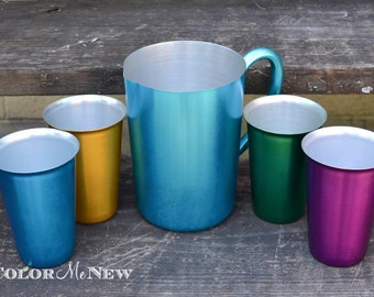 Retro 5 Piece Multi-Colored Brushed Aluminum Pitcher and Tumbler Set