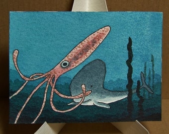 ACEO. Artist trading card. Original watercolour. 'Whale spots a snack.'