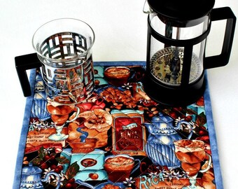 Coffee Hot Pad, Quilted Trivet, Pot Holder, Insulated Trivet, Blue Brown Mug Rug, Quiltsy Handmade